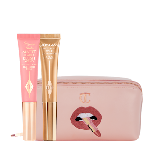 a liquid blush, liquid highlighter and makeup bag