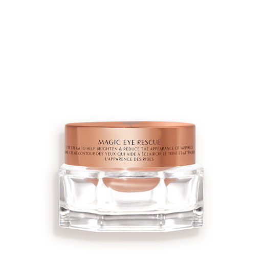 An award-winning, fawn-coloured eye cream in a petite glass jar with a gold-coloured lid.