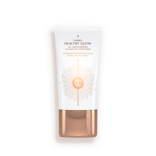 White rectangle bottle with a rose gold lid. 