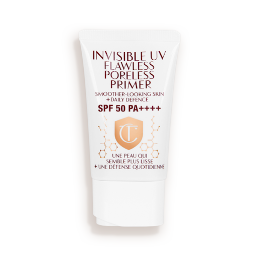 A primer in a white-coloured tube with a white-coloured lid with text on it that reads, 'invisible UV Flawless poreless primer SPF 50 PA++++'.